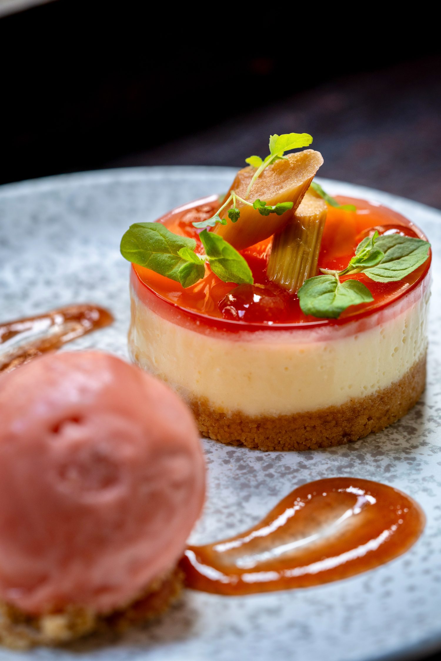 Rhubarb cheesecake, strawberry sorbet