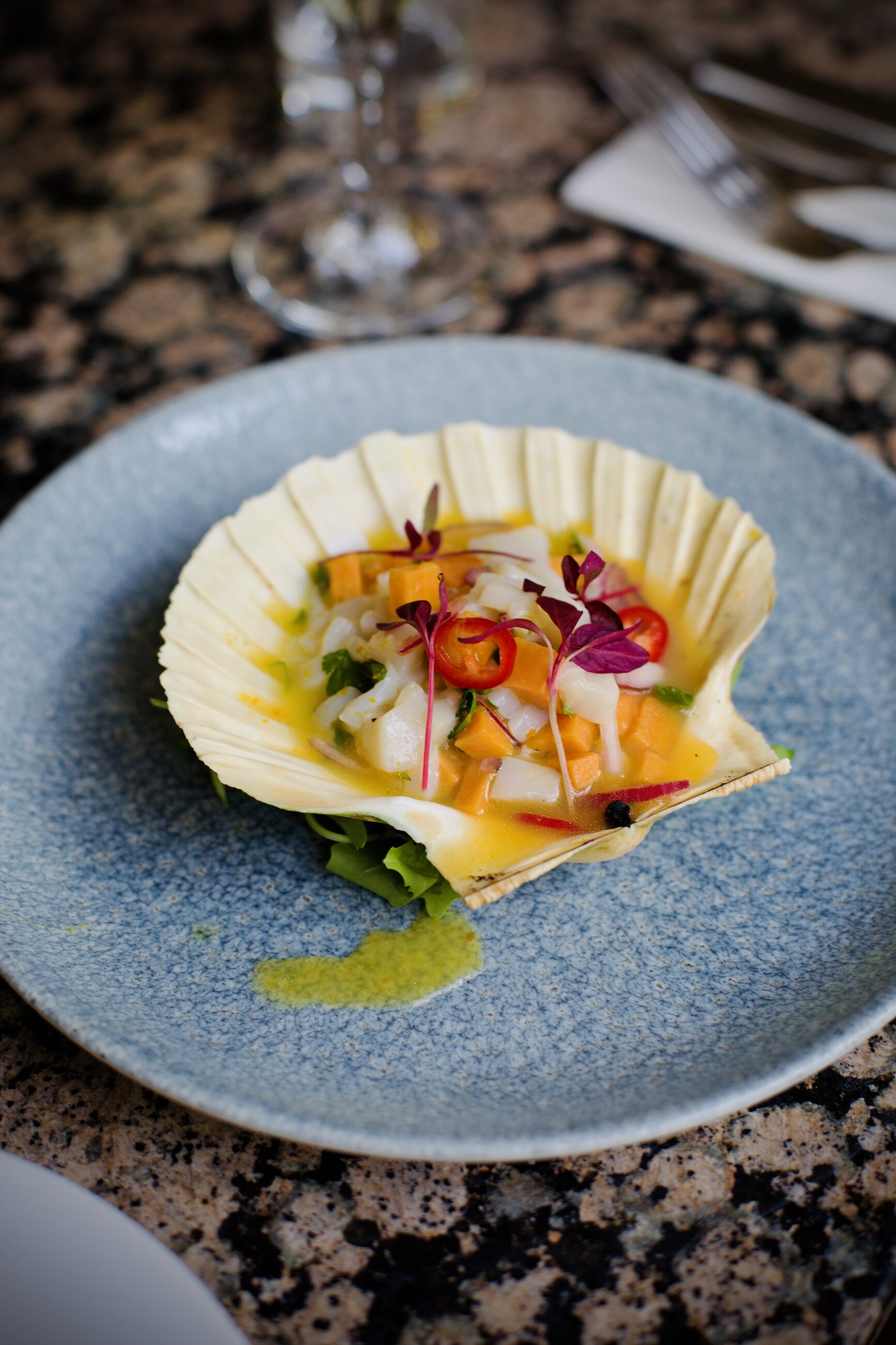 Scallop ceviche in the shell, mango and chilli