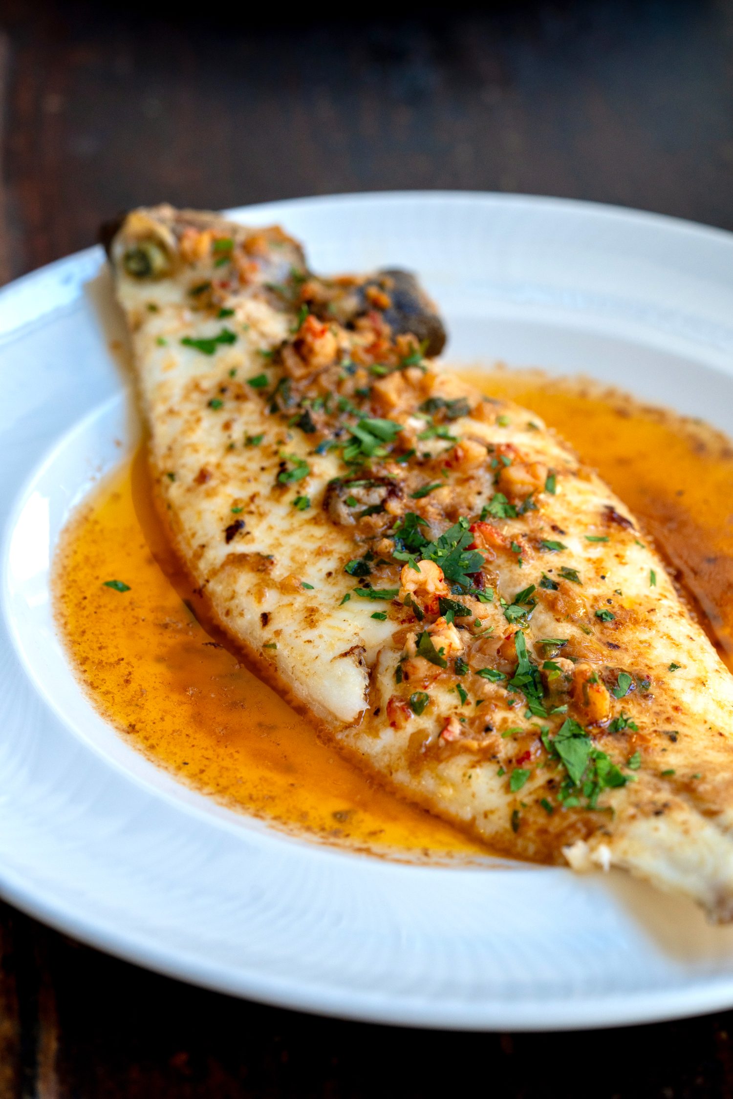 Whole sea bass, chilli & brown shrimp butter